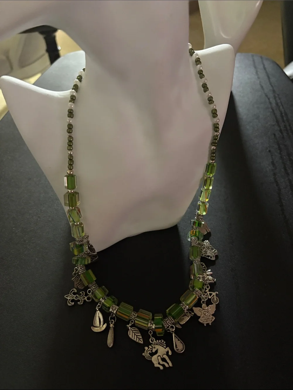 Green Beaded Charm Necklace - Women Jewelry